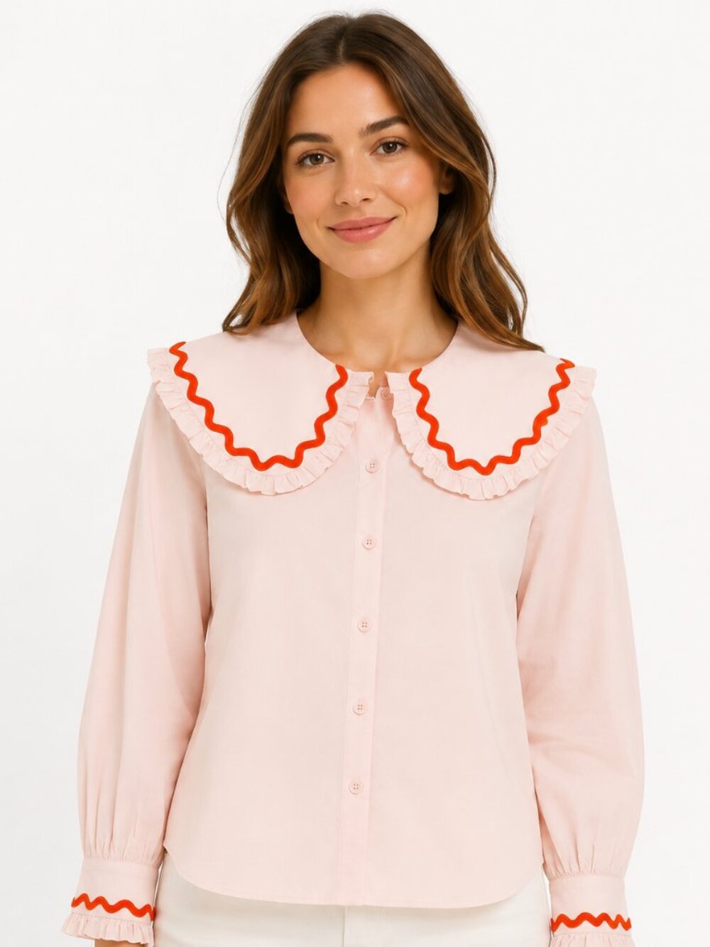 Gussy & Lou Blush Pink Oversized Peter Pan Collar Ric Rac Blouse Sz L